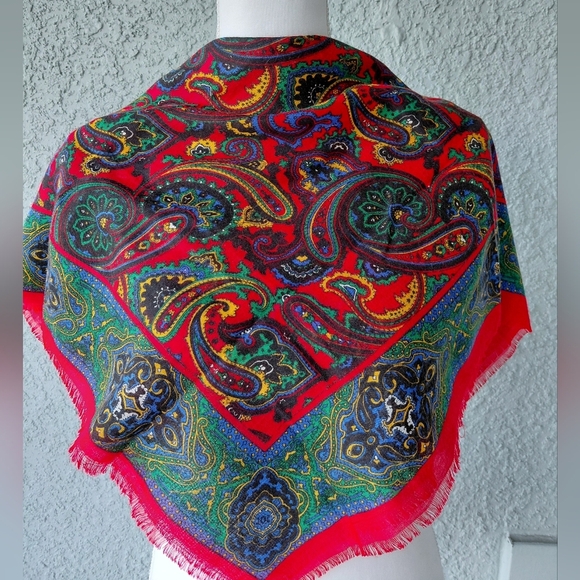 Accessories - Vintage Paisley Wool Scarf Red Multicolor Boho Square 30” Lightweight Fringe